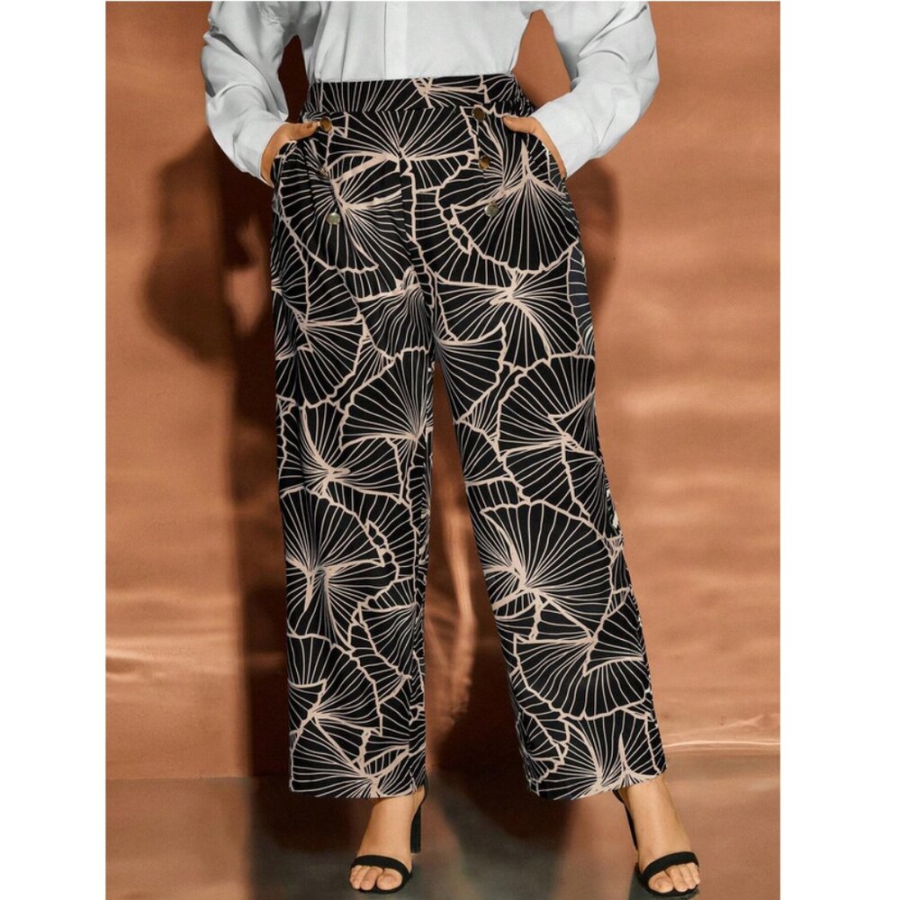 Cute Classy Seashell Pattern Wide-Leg Pants with Pockets Elastic Waist SHEIN